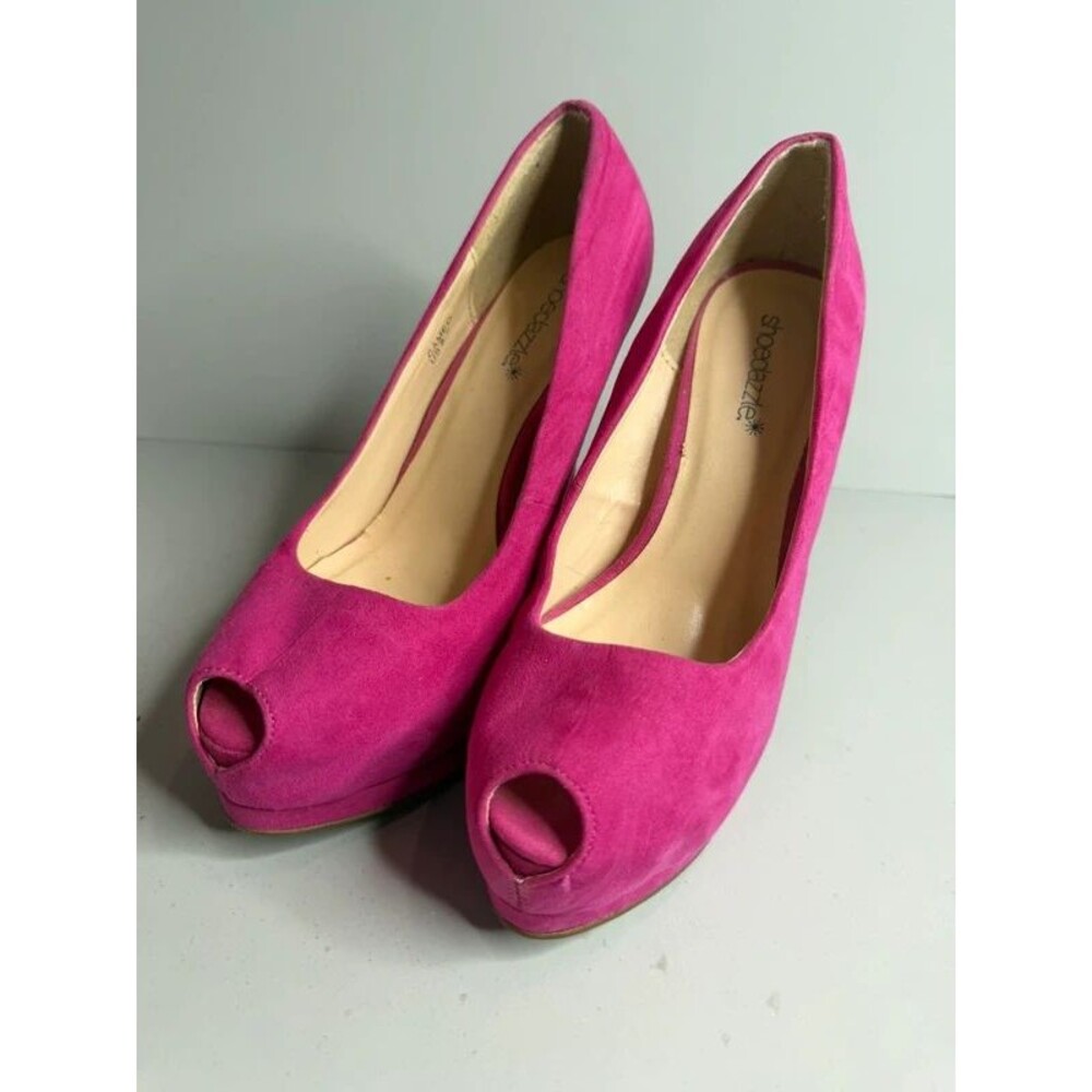 ShoeDazzle Pink Fuchsia Suede Peep Toe Platform Pumps Size 8.5 Heel Stiletto